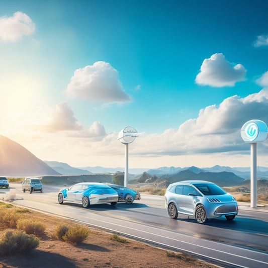 Illustrate a stylized, futuristic landscape with various electric vehicles, solar panels, and charging stations, set against a bright blue sky with fluffy white clouds, surrounded by subtle circuit board patterns.