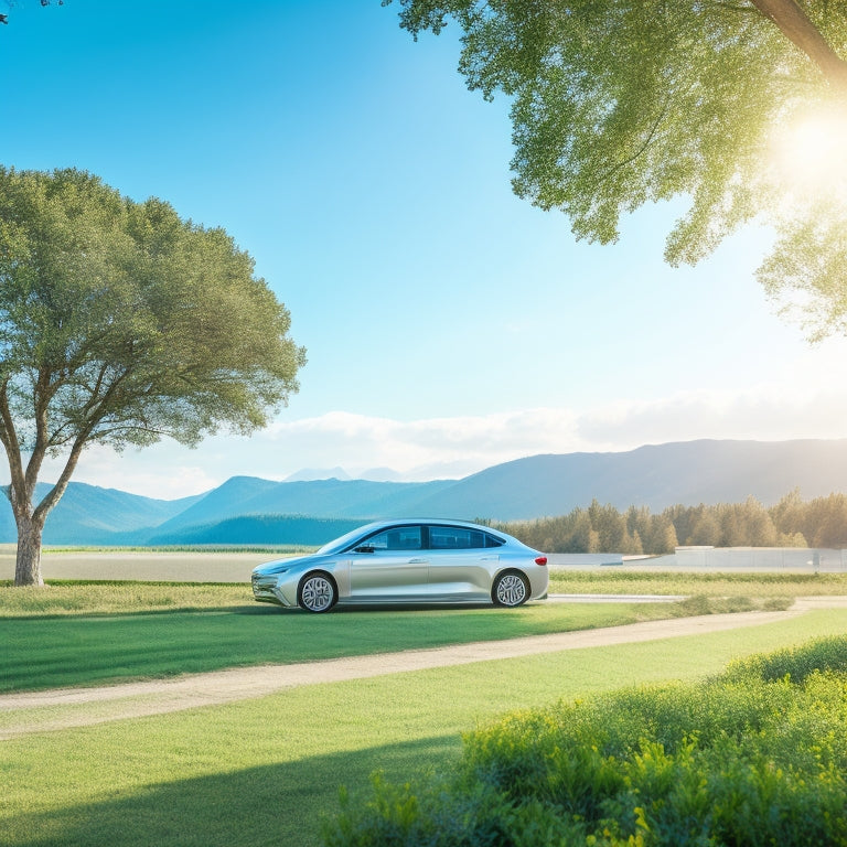 A serene landscape with a sleek, silver electric vehicle parked in front of a row of solar panels, surrounded by lush greenery, under a bright blue sky with a few wispy clouds.