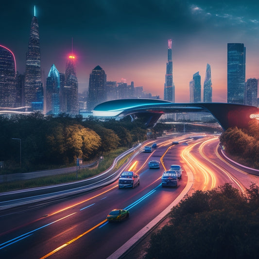 A futuristic cityscape at dusk, with sleek electric cars of various models parked along a curved road, surrounded by neon-lit skyscrapers and lush greenery, under a starry night sky.