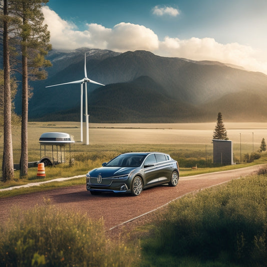 An illustration of an electric vehicle parked in a serene wilderness landscape surrounded by solar panels, wind turbines, and a portable power station, with charging cables and connectors intertwined with lush greenery.