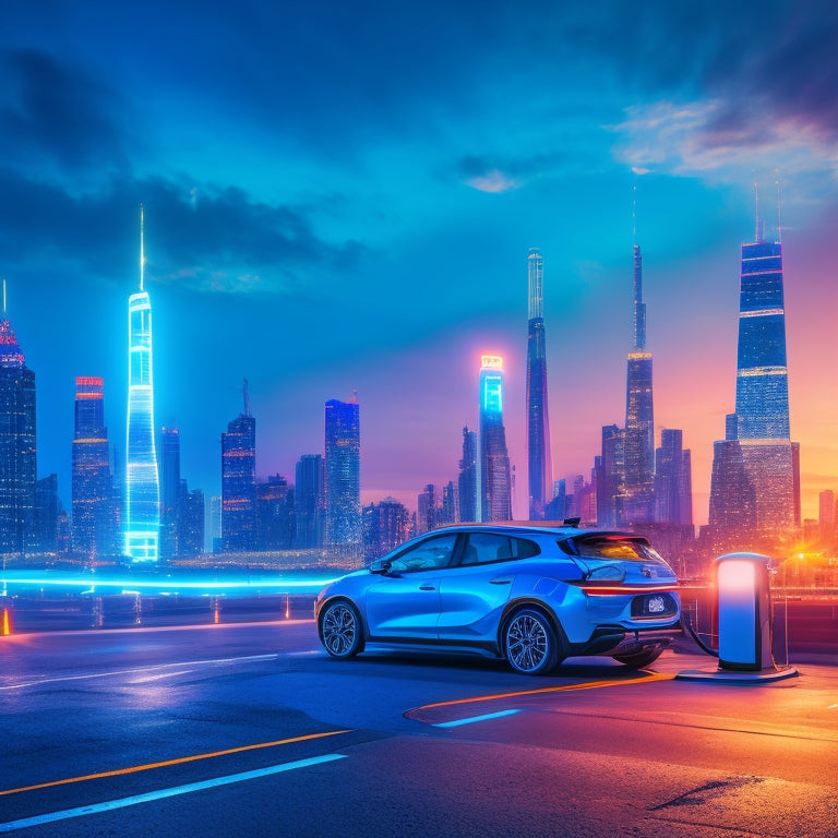 Illustrate a futuristic cityscape at dusk with sleek skyscrapers, bustling streets, and a prominent electric vehicle charging station in the foreground, featuring multiple commercial EV chargers with glowing blue lights.