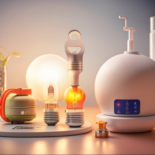 An illustration of a smart plug with a miniature globe and a small scale in the background, surrounded by tiny icons of appliances with arrows distributing energy efficiently.