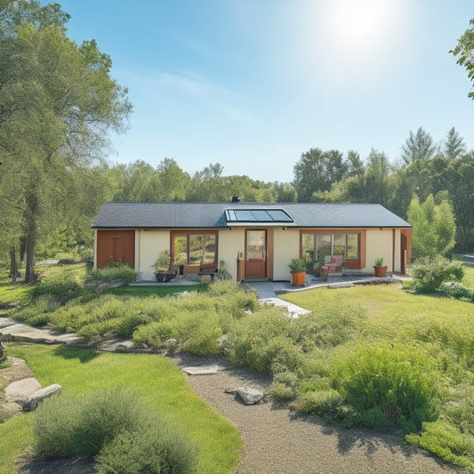 A serene, eco-friendly home surrounded by lush greenery, with a composting toilet, solar-powered recycling center, and a graywater irrigation system, set against a sunny blue sky with fluffy white clouds.
