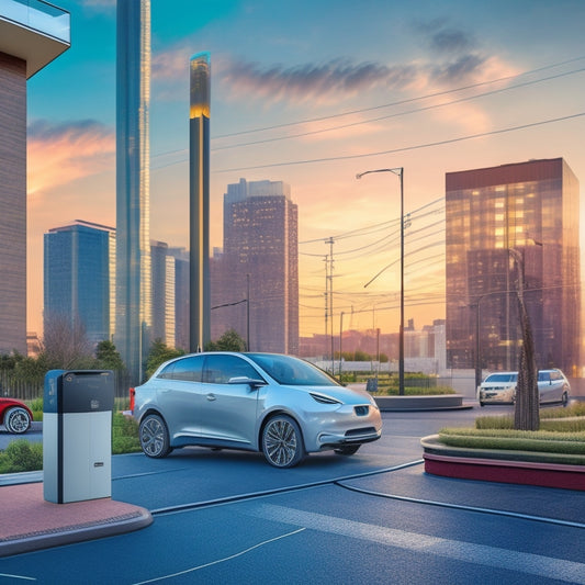 An illustration of a modern apartment complex with a sleek, silver smart EV charger installed in a parking space, surrounded by cables and wires, with a cityscape background.