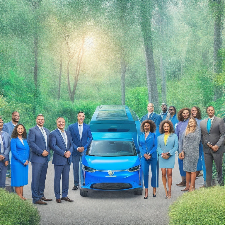 An illustration of a united group of diverse professionals from the electric vehicle industry standing together, surrounded by lush greenery and EVs, with a bright blue sustainable energy-inspired background.