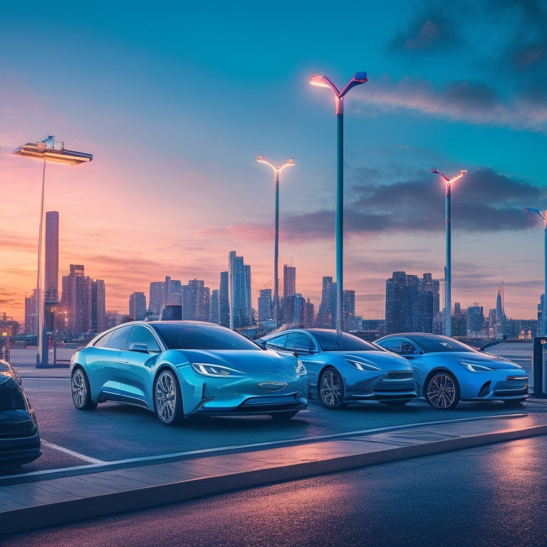 A futuristic cityscape at dusk with sleek, modern electric vehicles parked at various EV charging stations, each with distinct branding and colorful logos, amidst a network of glowing blue charging cables.