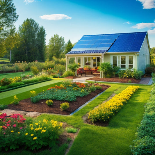 A serene backyard scene: a lush green lawn, vibrant flowers, and a thriving vegetable garden, all nourished by a solar-powered irrigation system, with sleek panels and efficient pipes, under a bright blue sky.