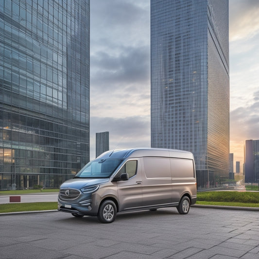 A sleek, silver electric van is parked in front of a modern, glass-walled office building, with a cityscape in the background and a faint eco-friendly leaf pattern on the van's side panel.