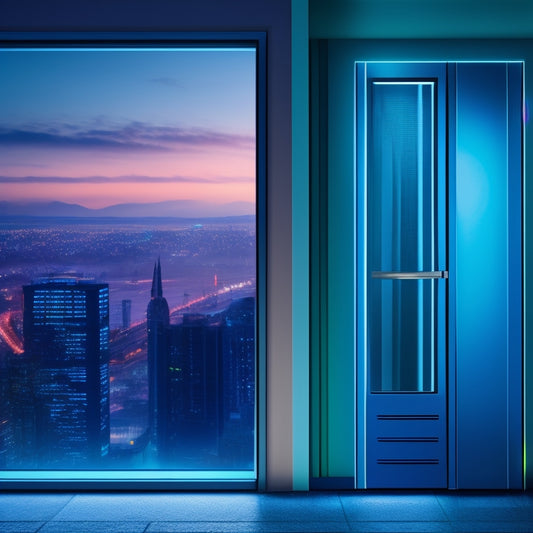 An illustration of a modern, sleek door with a thermally broken frame, surrounded by faint thermal imaging lines, set against a blurred cityscape background with a subtle gradient of blue to green.