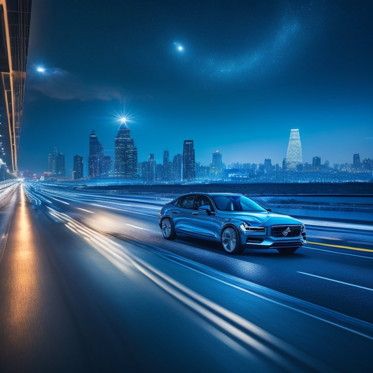 A futuristic highway landscape with sleek, electric blue-lit Volvo cars zooming by, amidst a blurred cityscape with neon lights, underneath a dark blue night sky with stars and a crescent moon.