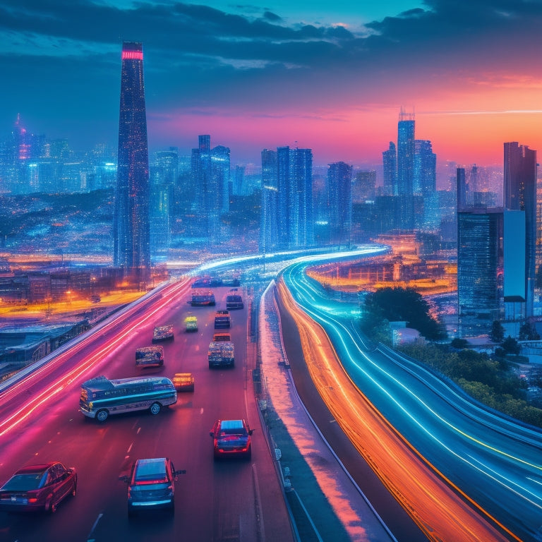 A futuristic cityscape at dusk with sleek, neon-lit skyscrapers, a highway filled with diverse electric vehicles, and a giant, glowing EV battery in the foreground, surrounded by circuitry patterns.