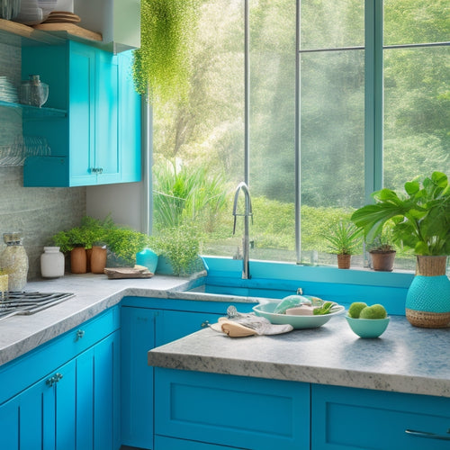 A serene, modern kitchen featuring recycled glass countertops in shades of turquoise and aquamarine, surrounded by lush greenery and natural light, with a few strategically placed eco-friendly kitchen utensils.