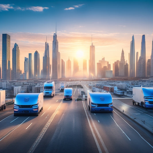 A futuristic cityscape at dawn with sleek, silver MAN electric trucks parked in a row, charging stations and city lights reflecting off their polished bodies, amidst a backdrop of skyscrapers and a clear blue sky.