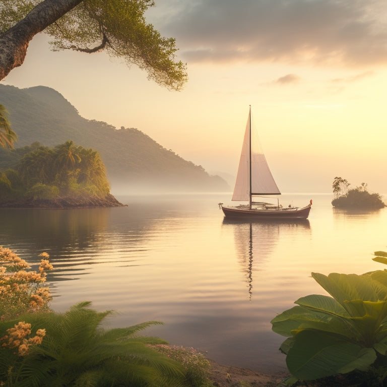 A serene, misty island landscape at dawn, with a lone sailboat approaching the shore, surrounded by lush greenery and vibrant tropical flowers, amidst a warm, golden light.