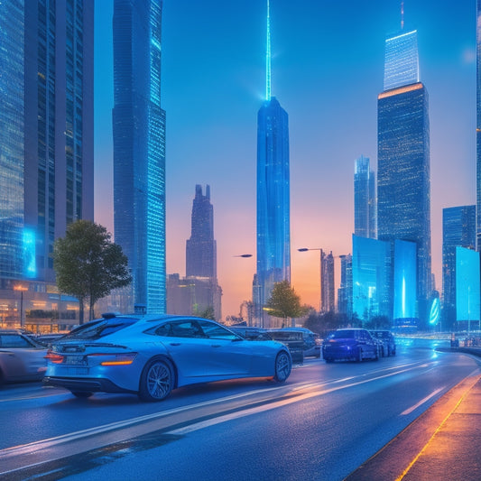 A futuristic cityscape at dusk, with sleek EV charging stations, illuminated by soft blue LED lights, lined along a bustling street, surrounded by modern skyscrapers and busy streets.
