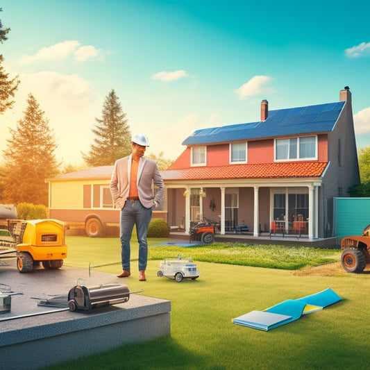 An illustration of a person standing in front of a house with solar panels, surrounded by various permits and documents scattered on the lawn, with a cityscape and construction equipment in the background.