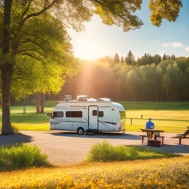 A serene landscape with a recreational vehicle parked in a campsite, surrounded by trees and a sunny sky, with a few solar panels installed on the RV's roof, casting a subtle shadow.