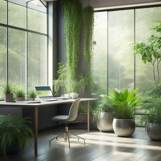 A serene office space with lush green plants, a water feature, and an open window, showcasing natural light and a subtle breeze, surrounded by minimalistic furniture and calming earth tones.