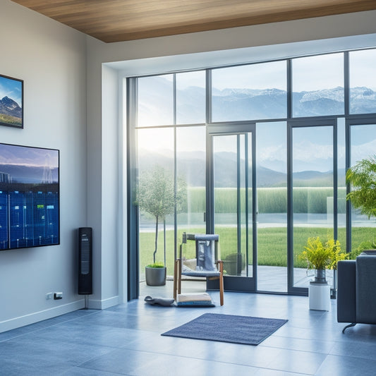 A modern home's interior with a tablet displaying a dashboard of battery storage integration, surrounded by sleek solar panels, a smart thermostat, and a charging electric vehicle in the background.