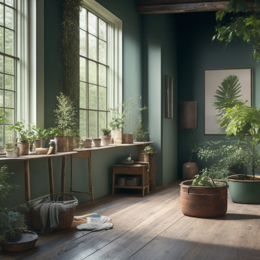 A serene, well-lit interior room with a few cans of paint and a paintbrush on a wooden floor, surrounded by lush greenery, conveying a sense of freshness and eco-friendliness.