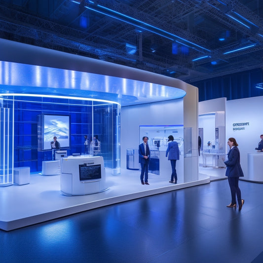 A futuristic exhibition hall with sleek, silver booths, spotlit innovative gadgets, and holographic displays, surrounded by diverse professionals in lab coats, suits, and VR headsets, amidst a vibrant, electric blue ambiance.