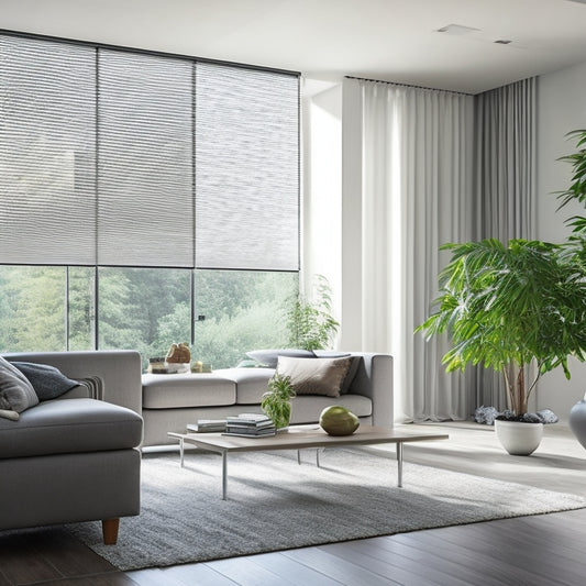 A modern, minimalist living room with automated blinds in a light gray tone, partially closed to filter natural light, surrounded by lush greenery and sleek, energy-efficient appliances.