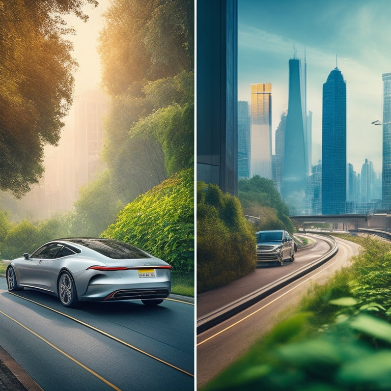 A split-screen image: on one side, a sleek, silver electric car speeding down a winding road amidst lush greenery, and on the other, a crowded, polluted cityscape with smokestacks and traffic congestion.