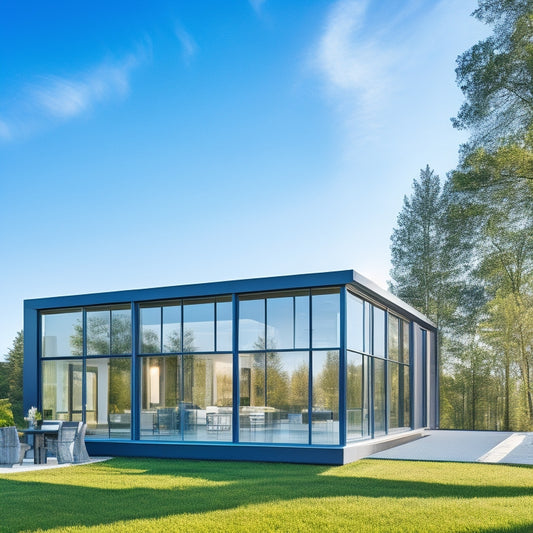 A modern, sleek, energy-efficient home exterior with large windows, showcasing three different vacuum-insulated glass panels with distinct frame styles and subtle reflections, set against a soft, sunny blue sky.