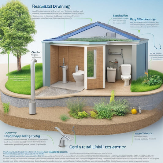 Illustrate a schematic diagram of a residential greywater system, showcasing a bathroom sink draining into a pipe that splits into three branches, each feeding a garden bed, toilet, and washing machine.