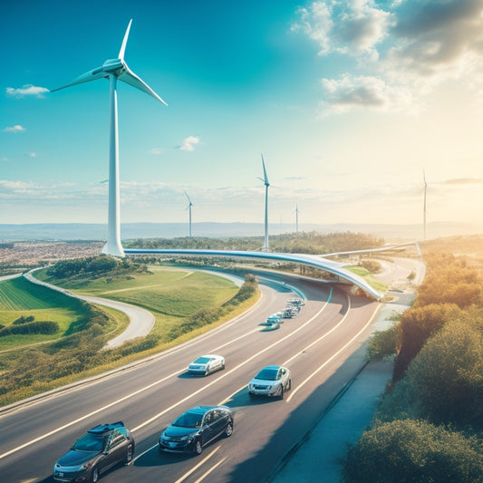 A futuristic cityscape with sleek, electric vehicles humming along a winding road, surrounded by lush greenery and wind turbines, under a bright blue sky with a few wispy clouds.