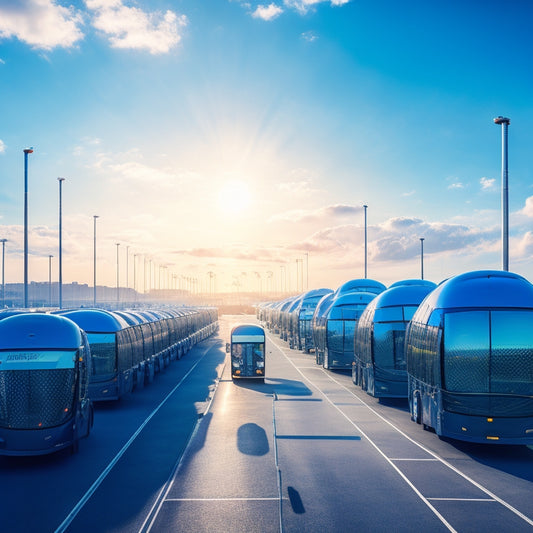 A futuristic, sunlit cityscape with a fleet of buses parked in a row, each equipped with sleek, black solar panels on their rooftops, reflecting a bright blue sky with fluffy white clouds.