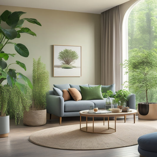A serene living room with lush greenery, a sleek air-purifying tower, and a circular vent above, surrounded by natural textures, earthy tones, and subtle ambient lighting, evoking a sense of eco-friendly harmony.
