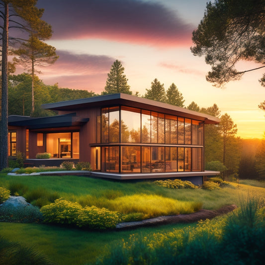 An illustration of a modern, earth-toned home with large south-facing windows, overhanging eaves, and a green roof, surrounded by lush trees and a serene natural landscape at sunset.