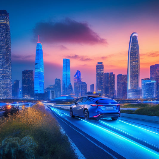 A futuristic cityscape at dusk with sleek, silver Nissan electric vehicles parked alongside a winding road, surrounded by neon-lit skyscrapers and lush greenery, with a subtle glow of electric blue accents.