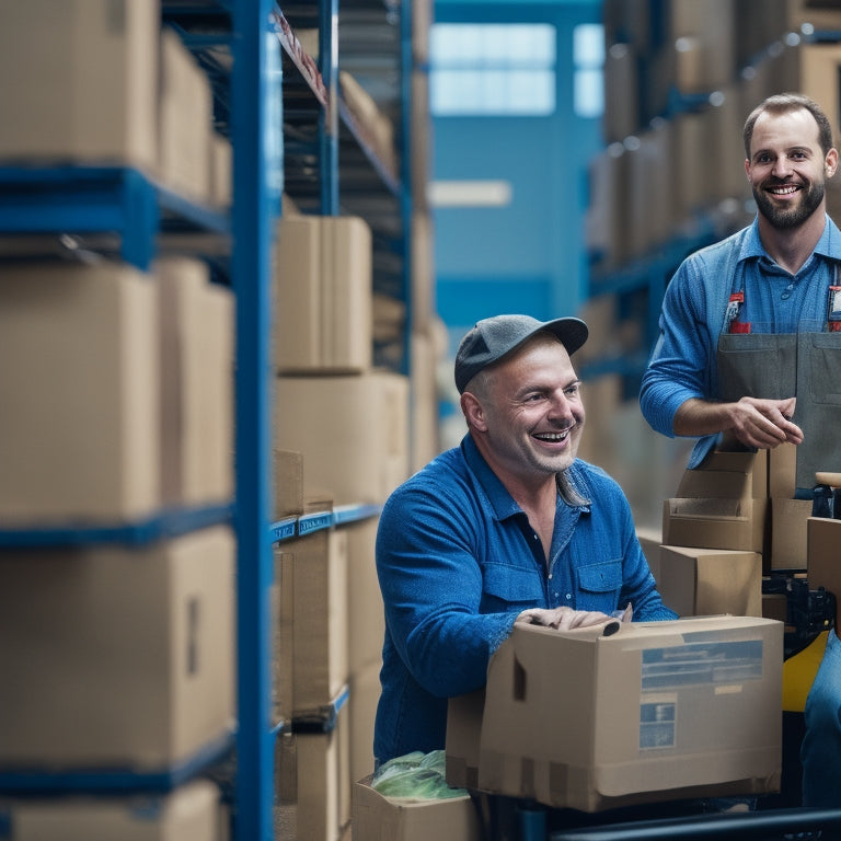 A serene warehouse backdrop with a Carer forklift prominently centered, surrounded by neatly stacked crates and boxes, with a few happy workers in the distance, interacting and smiling.