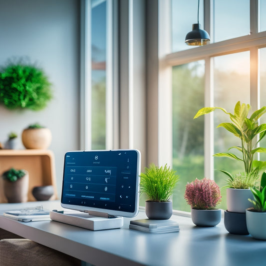 A modern smart home interior with a tablet displaying a climate control app, surrounded by automated blinds, a thermostat, and a few plants, set against a blurred cityscape outside the window.