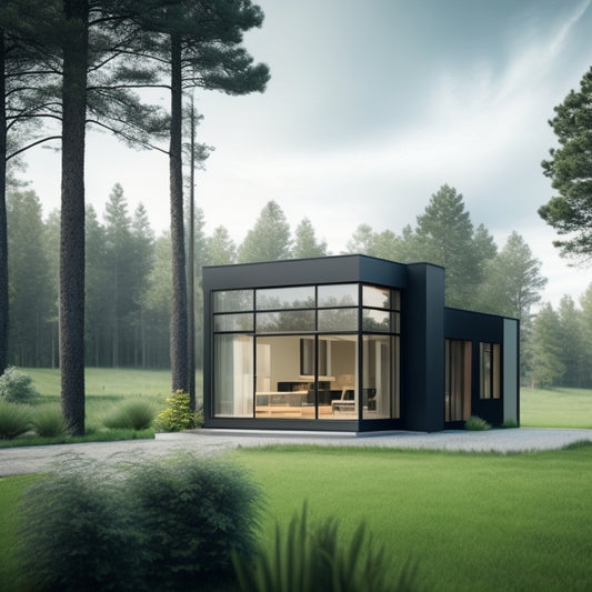 Illustrate a modern, minimalist passive house with large windows, surrounded by lush greenery, featuring airtight triple-glazed windows, exterior insulation, and a weather-resistant barrier, amidst a serene, cloudy backdrop.