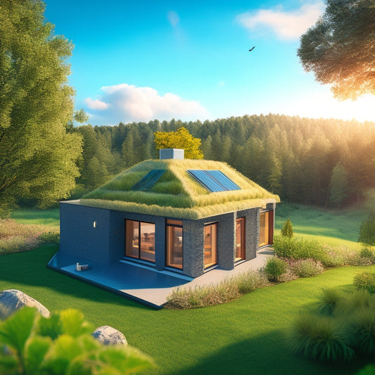 An illustration of a modern, eco-friendly home surrounded by lush greenery, with hempcrete walls, a hemp fiber roofing, and hemp-based insulation, set against a serene, cloudy blue sky.