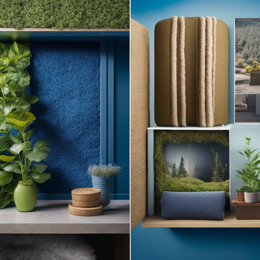 A split-screen illustration: a wall section with fiberglass insulation on one side, and natural insulation materials like wool, recycled denim, and cellulose on the other, surrounded by greenery and eco-friendly icons.