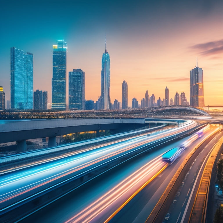 A futuristic cityscape at dusk, with sleek, silver electric cars zooming past a blurred background of neon-lit skyscrapers, amidst a network of elevated highways and gleaming monorails.