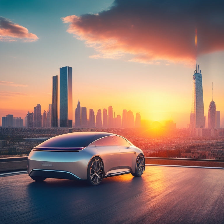 A futuristic, minimalist illustration featuring a sleek, silver car with a solar panel integrated into the roof, parked in front of a modern, eco-friendly cityscape at sunset.