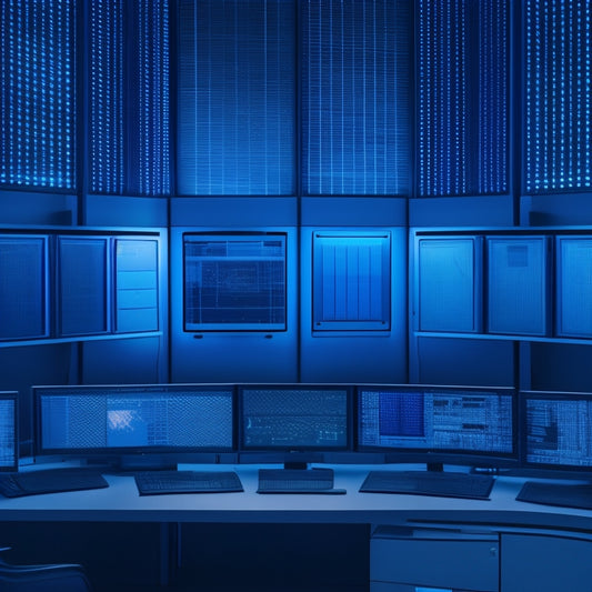 A dark blue background with a subtle grid pattern, featuring 10 sleek, modern computer monitors of varying sizes, arranged in a staggered, curved line, with soft, glowing blue accents.