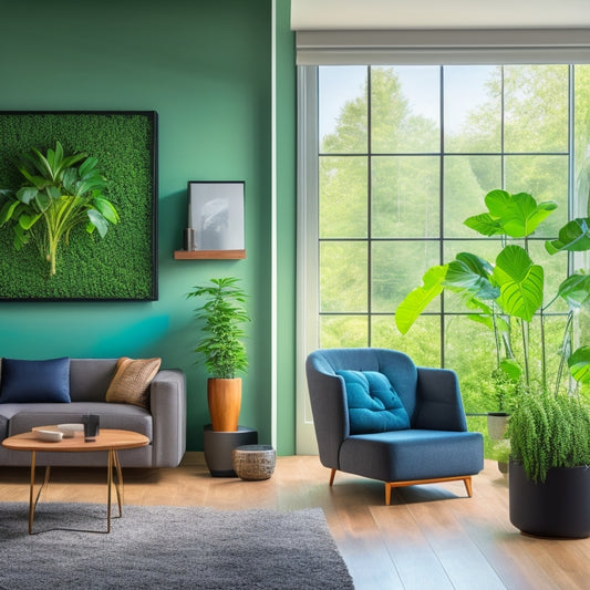 A modern living room with a lush green wall, surrounded by sleek gadgets: a smart thermostat, an energy-harvesting window, a self-watering planter, and a compact air purifier, all harmoniously blended together.