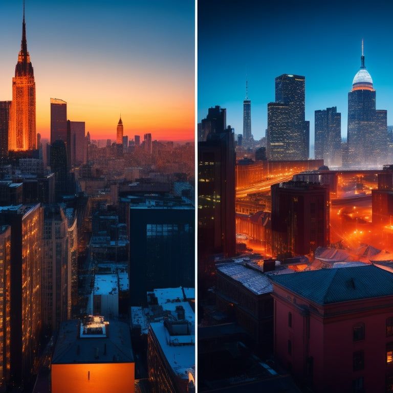 A split-screen image: a cityscape with dark rooftops on the left, radiating heat waves and surrounded by a warm orange glow, versus a cityscape on the right with cool, reflective rooftops and a calming blue atmosphere.