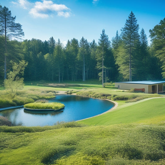 A serene, modern passive home with a lush green roof, surrounded by tall trees and a meandering stream, under a bright blue sky with a few white, puffy clouds.