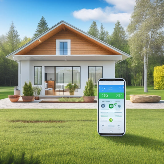 An illustration of a modern, eco-friendly home with a visible water heater in the background, surrounded by greenery, and a smartphone in the foreground displaying a water usage graph.