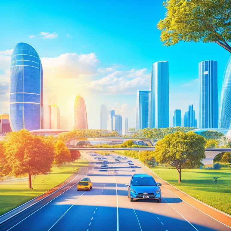 An illustration featuring a futuristic cityscape with sleek, eco-friendly buildings, and various solar-powered vehicles, including cars, buses, and bicycles, moving along the roads and highways, surrounded by bright blue sky and green trees.