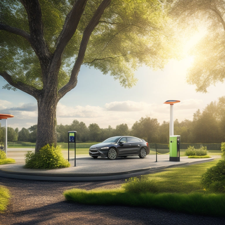 A bright and modern electric vehicle charging station with a gleaming solar panel array above, surrounded by lush greenery, with a faint cityscape in the background, emphasizing cleanliness and efficiency.