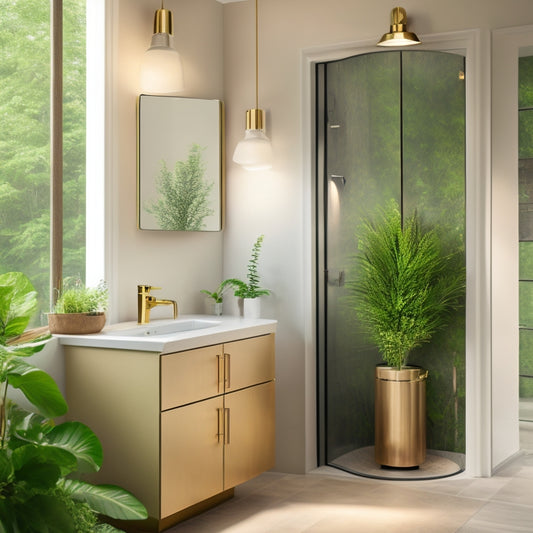 A modern, sleek bathroom with a wall-mounted tankless water heater in the background, surrounded by lush greenery, with a subtle steam mist effect and a warm, golden lighting ambiance.