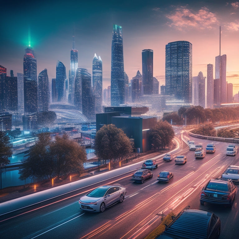 A futuristic cityscape at dusk with sleek, electric vehicles parked alongside charging stations, amidst a backdrop of towering skyscrapers and glowing LED lights, with a subtle grid of circuitry patterns overlaying the scene.